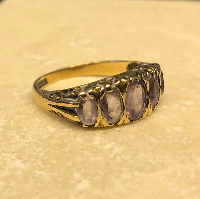 Victorian 9 Carat Gold Amethyst Five Stone Ring